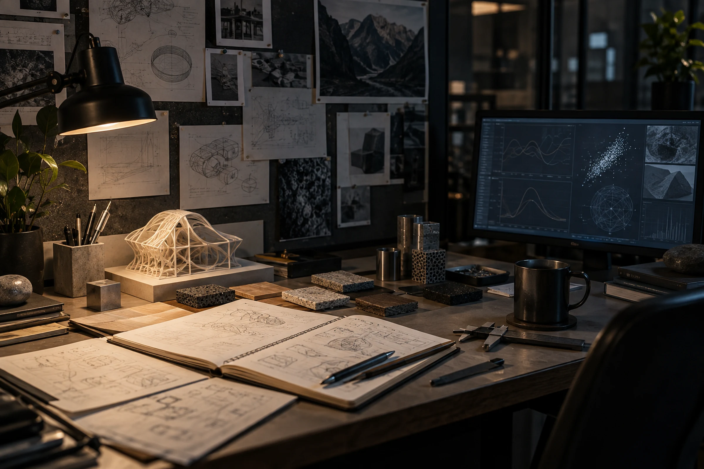 Research desk with sketches, notebooks and data on screen
