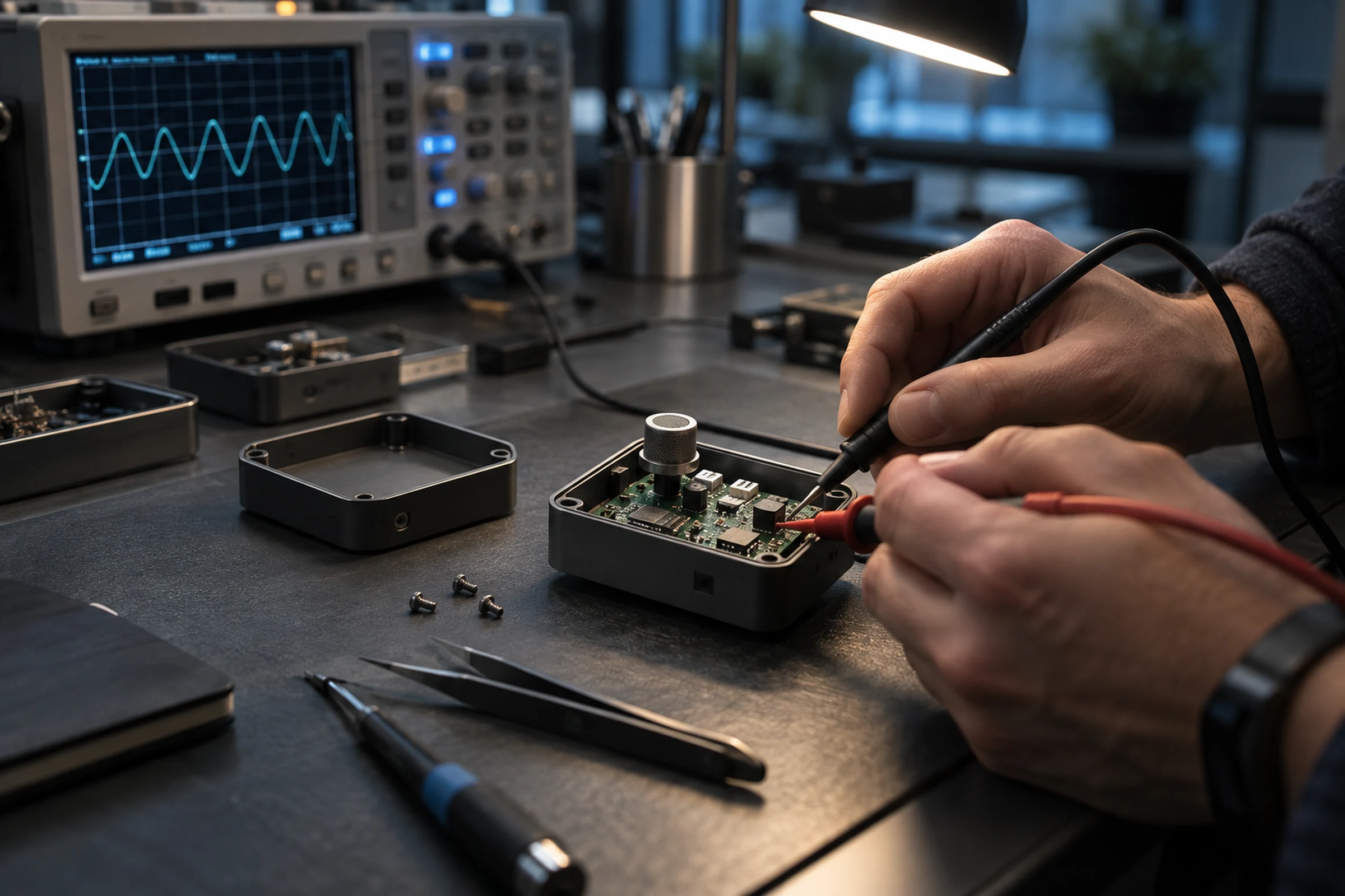 Hands testing a circuit board prototype on the bench