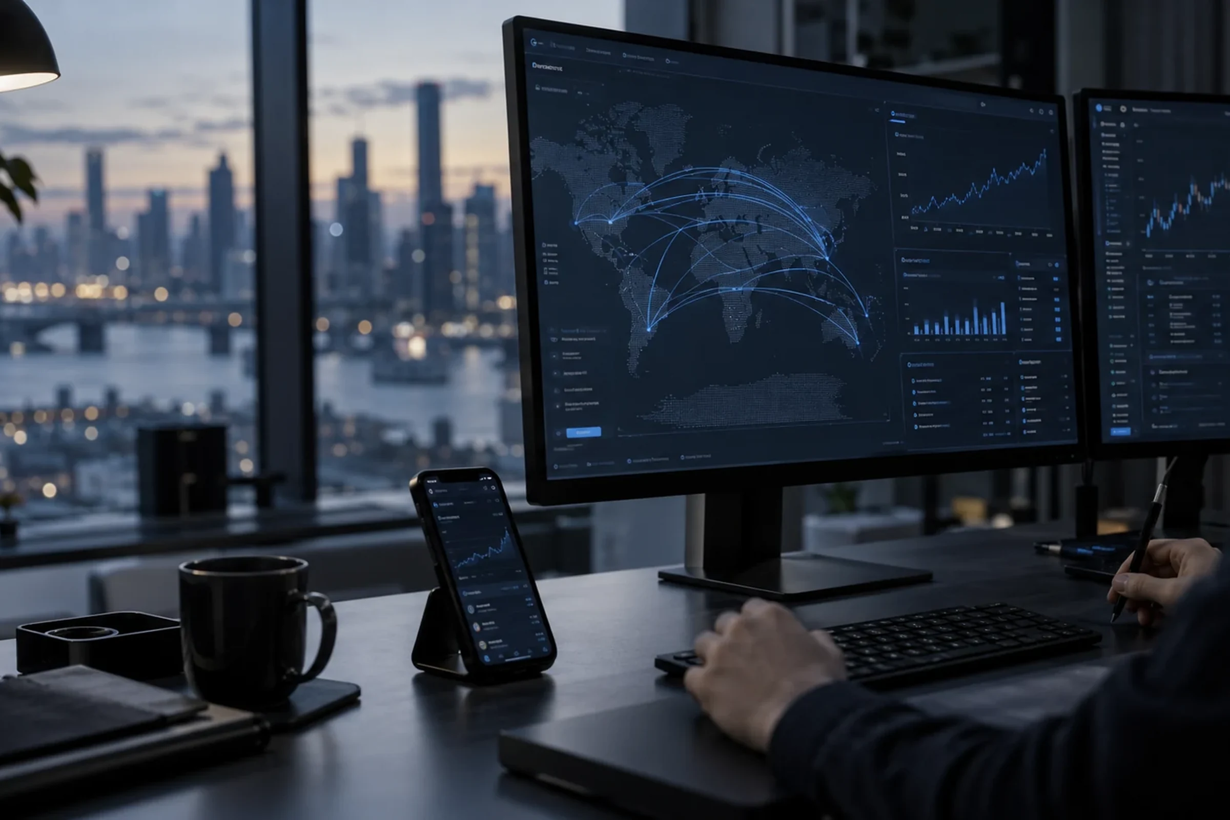 Product dashboard with a world map on a desktop monitor